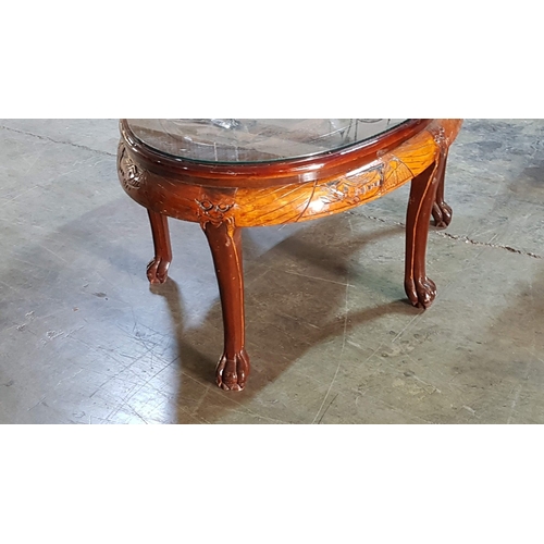 135 - Vintage Oriental Asian Highly Carved, Rustic, Oval, Coffee Table, Decorated with Scenes from the Lif... 