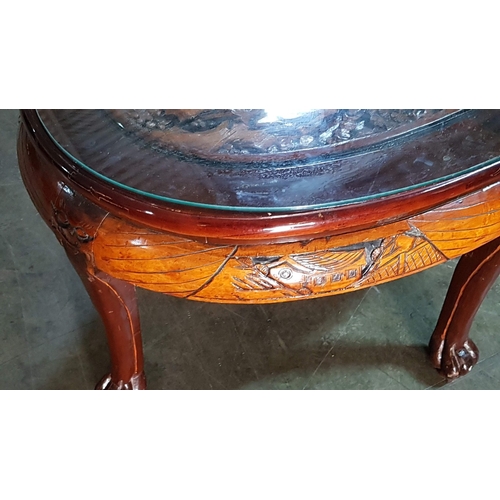 135 - Vintage Oriental Asian Highly Carved, Rustic, Oval, Coffee Table, Decorated with Scenes from the Lif... 