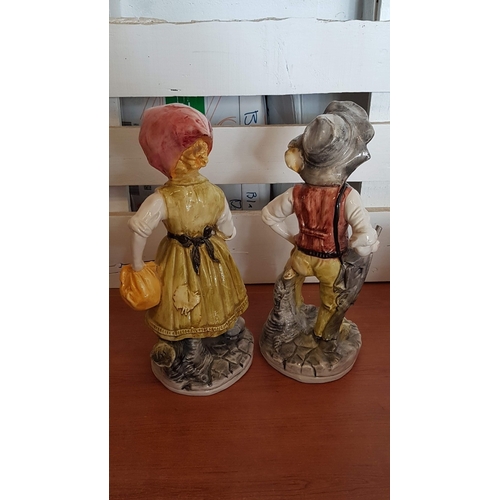 423 - 'Farmer Couple' Capodimonte Style Large Retro Porcelain Figurines, Approx. H: 36cm Each.