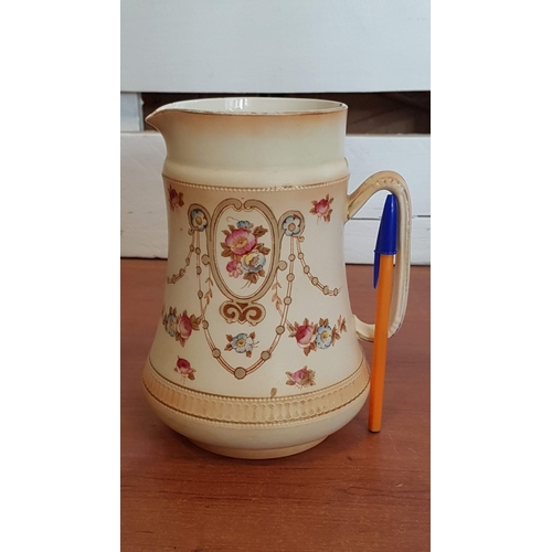 513 - Vintage Crown Devon Ware Fieldings Stroke on Trent S F & CO Water Jug, Beige Pottery Decorated with ... 