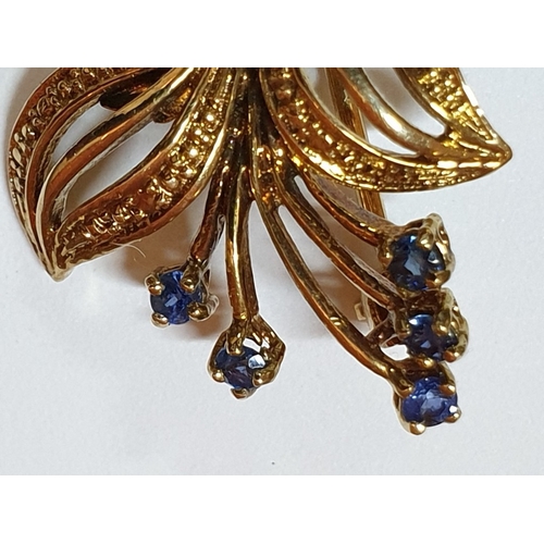 136A - Yellow Gold Vintage Brooch, Hallmark as 375 (9ct), Flower Themed with 5x Small Blue Stones, Approx. ... 