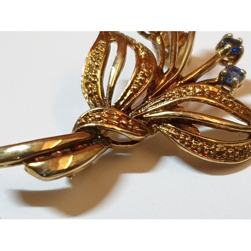 136A - Yellow Gold Vintage Brooch, Hallmark as 375 (9ct), Flower Themed with 5x Small Blue Stones, Approx. ... 