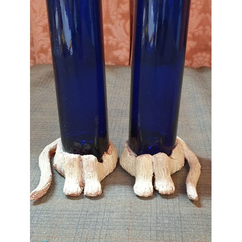 372 - Hand Craft 'Cat Vases' (Blue Cobalt Glass/Clay), H: 39cm Each.  (2)