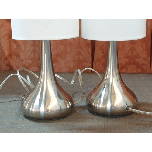 391 - Pair of Modern Side Lamps, Chron Tuch Base and White Ordinary Lampshades (H:33.5cm Each).  (2)