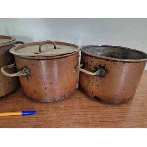 76 - Collection of 4 x Large Vintage Copper Pans, with Twin Brass Handles, Two with Lids, (Largest Approx... 