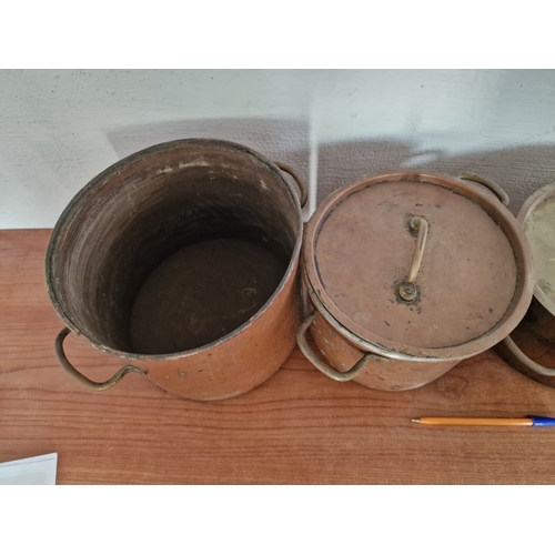 76 - Collection of 4 x Large Vintage Copper Pans, with Twin Brass Handles, Two with Lids, (Largest Approx... 