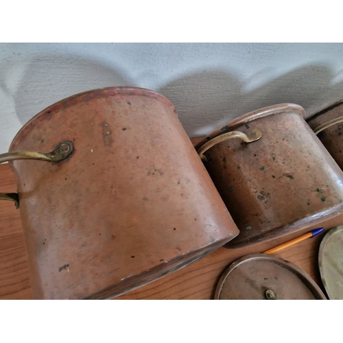 76 - Collection of 4 x Large Vintage Copper Pans, with Twin Brass Handles, Two with Lids, (Largest Approx... 