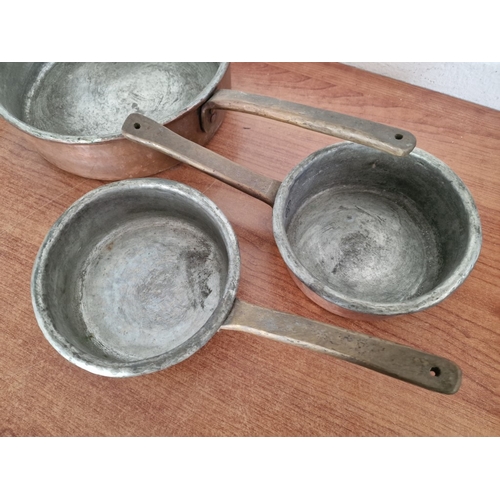 79 - Collection of 4 x Antique Copper Saucepans with Long Brass Handles, Two Large and Two Small, (Larges... 