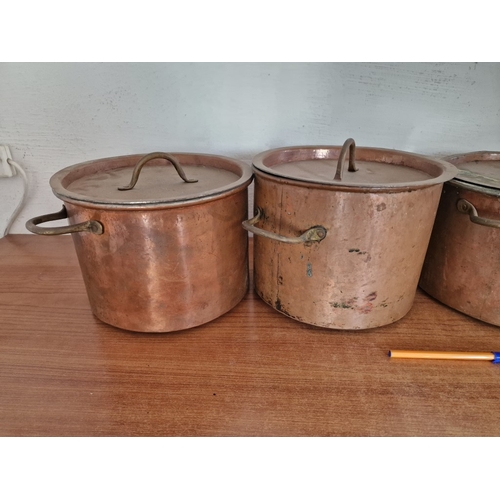 80 - Set of 4 x Large Vintage Copper Cooking Pans with Twin Brass Handles and Lids, (Largest Approx. Ø: 2... 