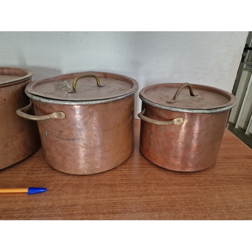 80 - Set of 4 x Large Vintage Copper Cooking Pans with Twin Brass Handles and Lids, (Largest Approx. Ø: 2... 