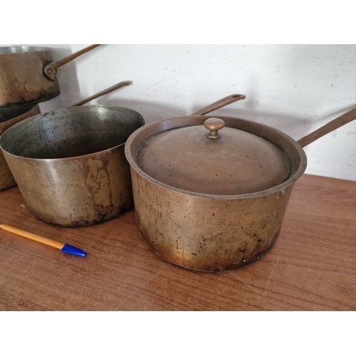 82 - Collection of 4 x Large Vintage Copper Saucepans with Long Handles, One Lidded, (Largest Approx. Ø: ... 