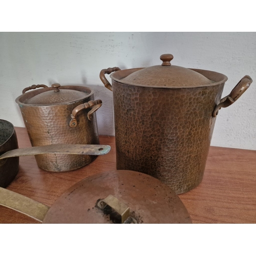 84 - Collection of 4 x Large Copper and Brass Pans with Hammered Finish; Two Twin Handled Lidded Pots and... 