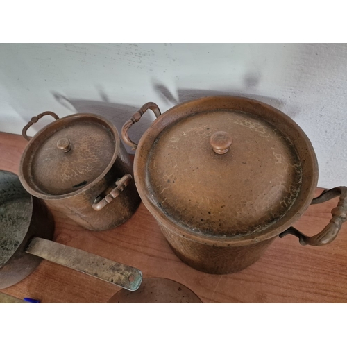 84 - Collection of 4 x Large Copper and Brass Pans with Hammered Finish; Two Twin Handled Lidded Pots and... 