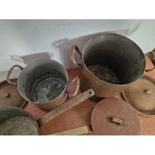 84 - Collection of 4 x Large Copper and Brass Pans with Hammered Finish; Two Twin Handled Lidded Pots and... 