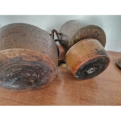 84 - Collection of 4 x Large Copper and Brass Pans with Hammered Finish; Two Twin Handled Lidded Pots and... 