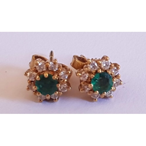 137 - 'Daisy'  Pair of 18ct Yellow Gold Stud Earring, Center Emerald Stone (?), Surrounded by 8-Diamonds, ... 