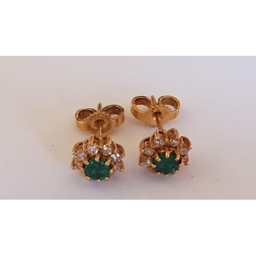 137 - 'Daisy'  Pair of 18ct Yellow Gold Stud Earring, Center Emerald Stone (?), Surrounded by 8-Diamonds, ... 