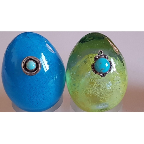 154 - Beautiful Collection of Glass Eggs in Different Colors Decorated with Turquoise Pendants on Plexygla... 