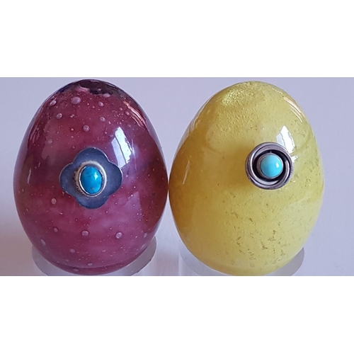 154 - Beautiful Collection of Glass Eggs in Different Colors Decorated with Turquoise Pendants on Plexygla... 