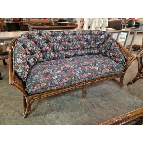 225 - Bamboo Sofa Set; 3 Seater Sofa, 2 x Arm Chairs with Fitted Cushions with Floral Pattern Fabric, Toge... 