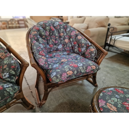 225 - Bamboo Sofa Set; 3 Seater Sofa, 2 x Arm Chairs with Fitted Cushions with Floral Pattern Fabric, Toge... 