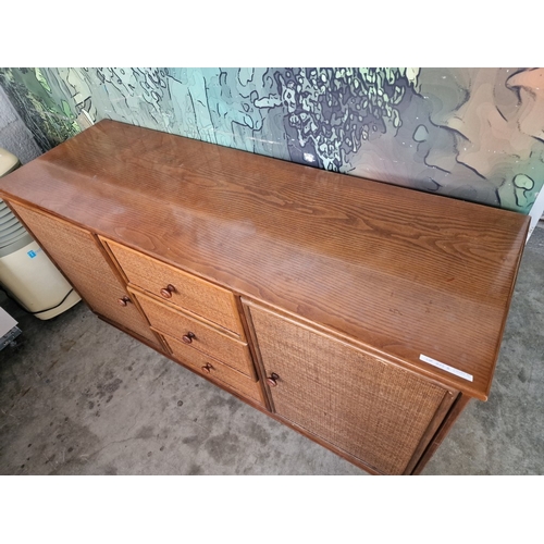 225A - Dark Wood Sideboard with Cane Front 2 x Cupboards and 3 x Drawers, (a/f), (Approx. 150 x 50 x 76cm)