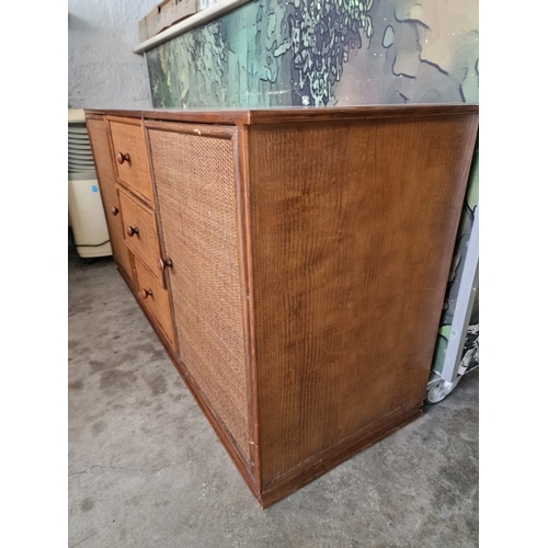 225A - Dark Wood Sideboard with Cane Front 2 x Cupboards and 3 x Drawers, (a/f), (Approx. 150 x 50 x 76cm)