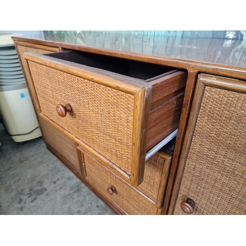 225A - Dark Wood Sideboard with Cane Front 2 x Cupboards and 3 x Drawers, (a/f), (Approx. 150 x 50 x 76cm)