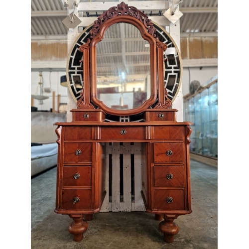 58 - Antique Solid Wood Knee Hole 7-Drawer Dressing Table with Shaped Top, Turned Legs, Decorative Shaped... 