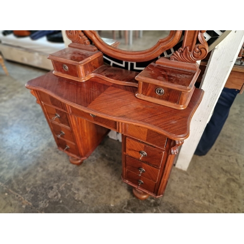 58 - Antique Solid Wood Knee Hole 7-Drawer Dressing Table with Shaped Top, Turned Legs, Decorative Shaped... 