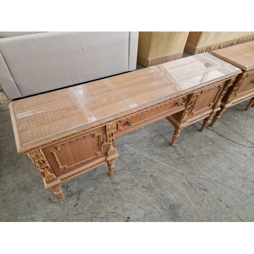 97 - Bedroom Set of Light Wood Dressing Table and Pair of Matching Bedside Units, each with Decorative Ca... 