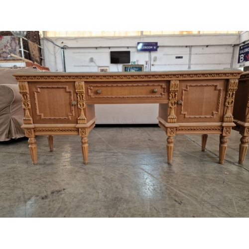 97 - Bedroom Set of Light Wood Dressing Table and Pair of Matching Bedside Units, each with Decorative Ca... 