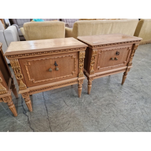 97 - Bedroom Set of Light Wood Dressing Table and Pair of Matching Bedside Units, each with Decorative Ca... 