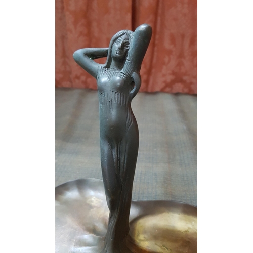 160 - 'Nude Shabby' Antique Art Deco Bronze Sculpture (Nude Lady on Twin Dish Base), Probably Early 1900, ... 