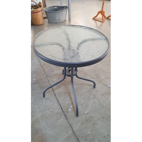 334 - Bistro Set, Glass Top/Metal Frame Round Table, Approx. H: 70cm Ø: 60cm. Together 3x Classic White Pl... 