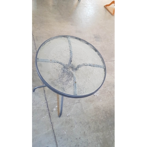 334 - Bistro Set, Glass Top/Metal Frame Round Table, Approx. H: 70cm Ø: 60cm. Together 3x Classic White Pl... 