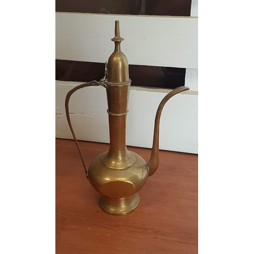 393 - Brass Oriental Mediterranean Coffee Pot (H: 31.5cm) and Decorative Brass Wall Plate with Embossed Pa... 