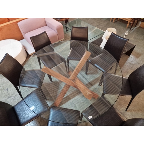 163 - Stylish Round Thick Glass Dining Table with Designer Cross / Angled Solid Wood Base, (Approx. Ø: 150... 