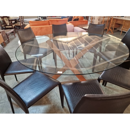 163 - Stylish Round Thick Glass Dining Table with Designer Cross / Angled Solid Wood Base, (Approx. Ø: 150... 