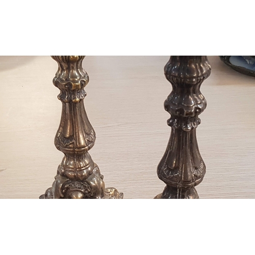 467 - Silver Tone, Rococo Style Candle Sticks, Probably Plated Brass, x2