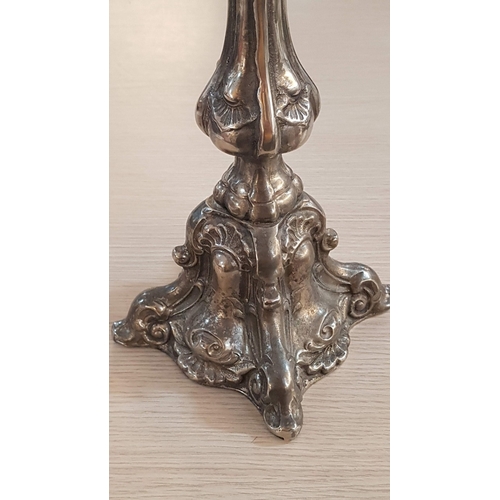 468 - Silver Tone, Rococo Style Large Candle Stick, Probably Plated Brass.