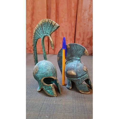 481 - Ancient Greek Miniatures Helmets, Souvenirs (Bronz Oxidation Effect), Approx.  H: 20cm H: 13.5cm. (2... 