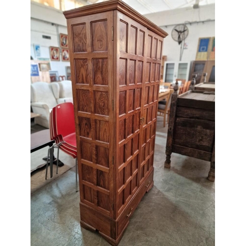 536 - Spanish Colonial Style Solid Teak Wood Multi-Panel / Grid Design Two Door Wardrobe / Drinks Cabinet ... 