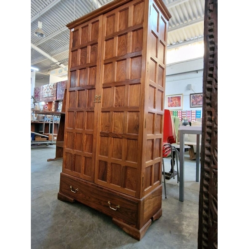 536 - Spanish Colonial Style Solid Teak Wood Multi-Panel / Grid Design Two Door Wardrobe / Drinks Cabinet ... 