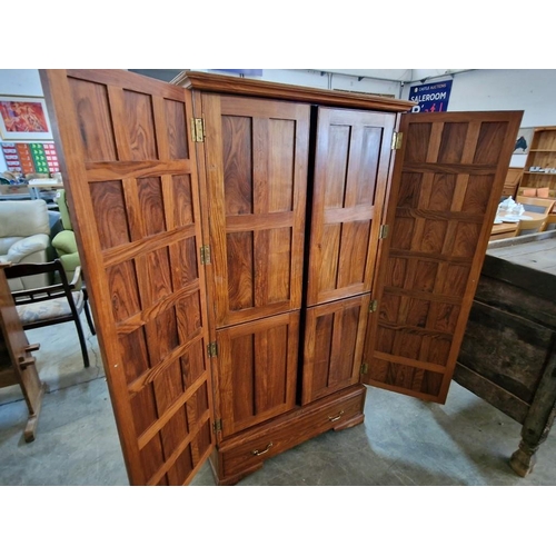 536 - Spanish Colonial Style Solid Teak Wood Multi-Panel / Grid Design Two Door Wardrobe / Drinks Cabinet ... 