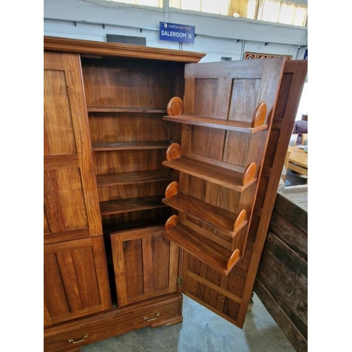 536 - Spanish Colonial Style Solid Teak Wood Multi-Panel / Grid Design Two Door Wardrobe / Drinks Cabinet ... 