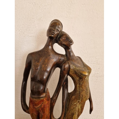 105 - Bronze Sculpture of Couple Holding Hands and Resting Heads on Each Other, Signed 'L M', on Wooden Ba... 