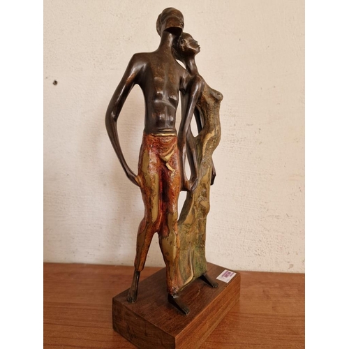 105 - Bronze Sculpture of Couple Holding Hands and Resting Heads on Each Other, Signed 'L M', on Wooden Ba... 