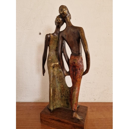 105 - Bronze Sculpture of Couple Holding Hands and Resting Heads on Each Other, Signed 'L M', on Wooden Ba... 