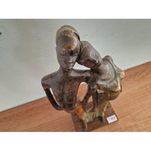 105 - Bronze Sculpture of Couple Holding Hands and Resting Heads on Each Other, Signed 'L M', on Wooden Ba... 